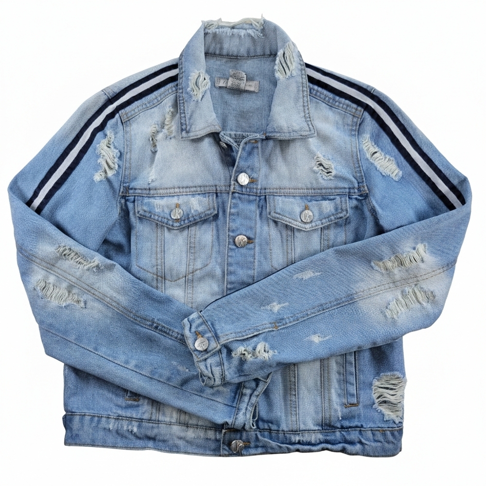 Crave Fame Distressed Denim Jacket Stripe Detail M Streetwear Destroyed Ripped